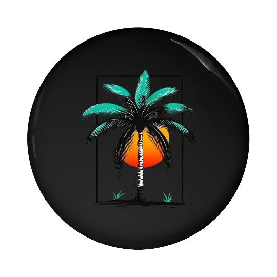 Grayscale Line Drawing Of A Central palm tree Pin Buttons