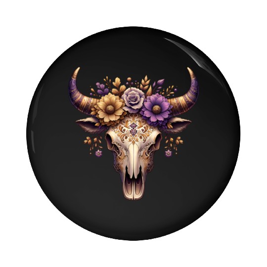 Boho Bull Skull with Floral – Western Bohemian Pin Buttons