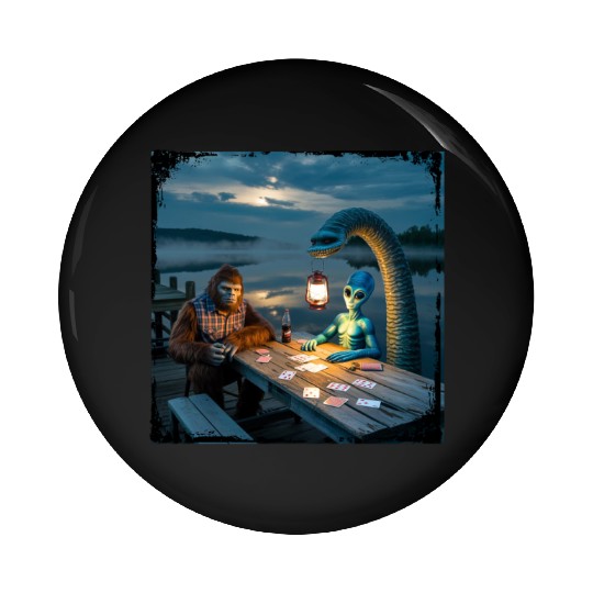 Cryptid Poker Night on Loch Ness - Bigfoot, Pin Buttons