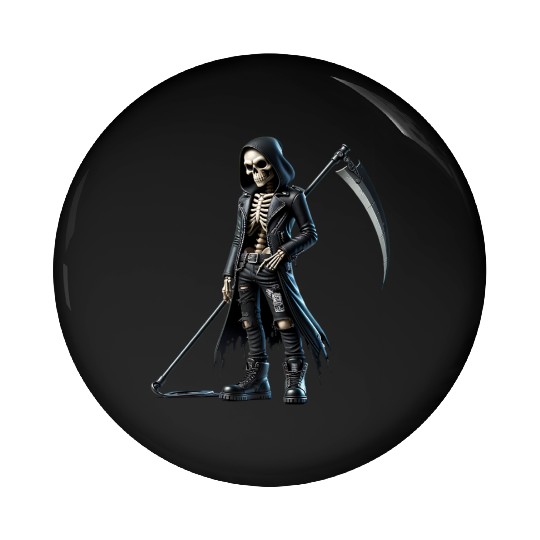 Dark Skeleton Warrior with Scythe and Hooded Jacke Pin Buttons