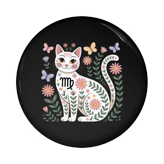 Virgo Zodiac Cat with Daisies Pin Buttons