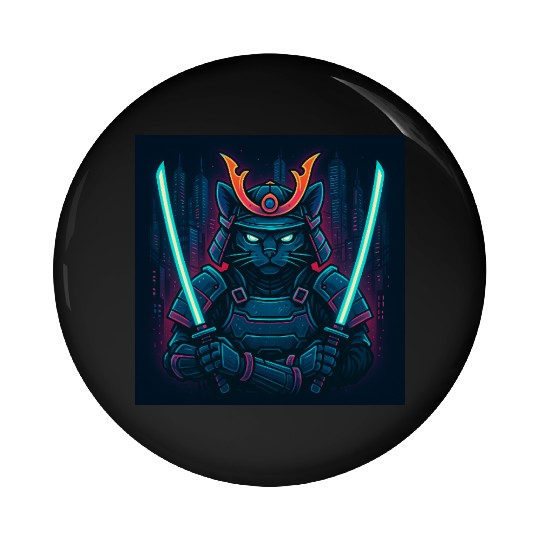 A futuristic samurai cat in neon armor with glo Pin Buttons