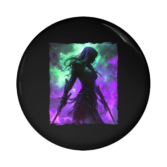 Mystical Assassin Woman In Violet Fog Fantasy Pin Buttons