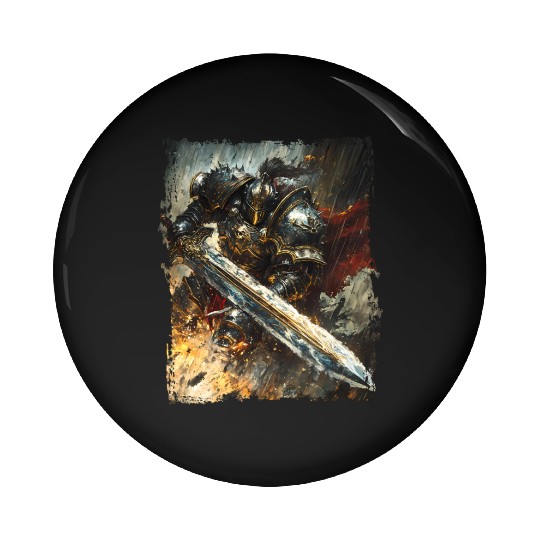 Golden Powerful Knight in Storm with Flaming Sword Pin Buttons