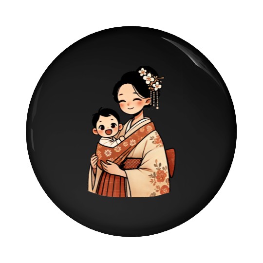 Elegant Asian Woman in Kimono Holding Baby Pin Buttons