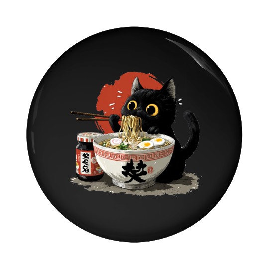 Black Cat Eating Ramen Japanese Funny Cat Pin Buttons
