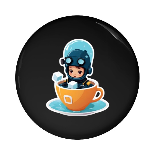 Diver Coffee Cup Fantasy Sticker. Pin Buttons