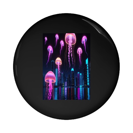 Neon Jellyfish Over Cyber City Pin Buttons
