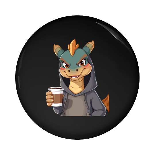 Dragon Character in Cozy Pin Buttons with Coffee