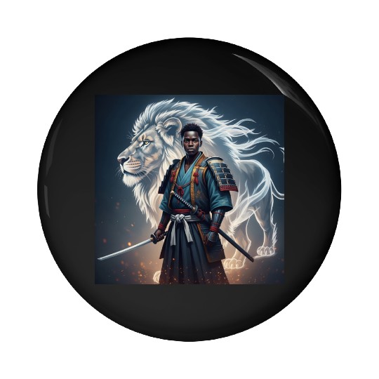 African Samurai With Spirit Lion Pin Buttons