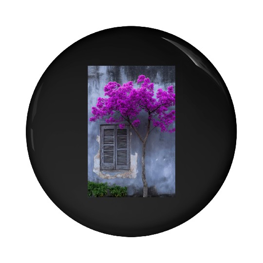 Vibrant Blossom Against Rustic Wall Pin Buttons