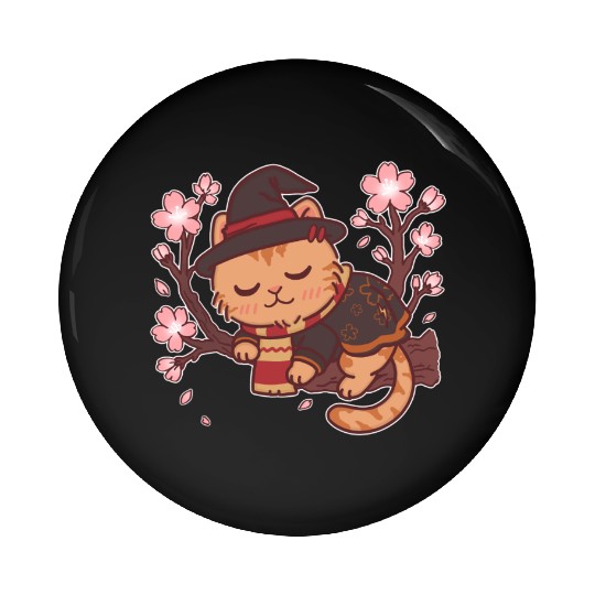 Cute Witch Cat with Cherry Blossoms Pin Buttons
