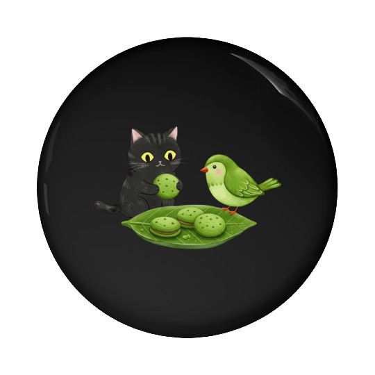 Whimsical Cat Bird Snack Scene Pin Buttons