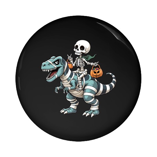 Skeleton Riding Mummy Dinosaur Funny Halloween Pin Buttons