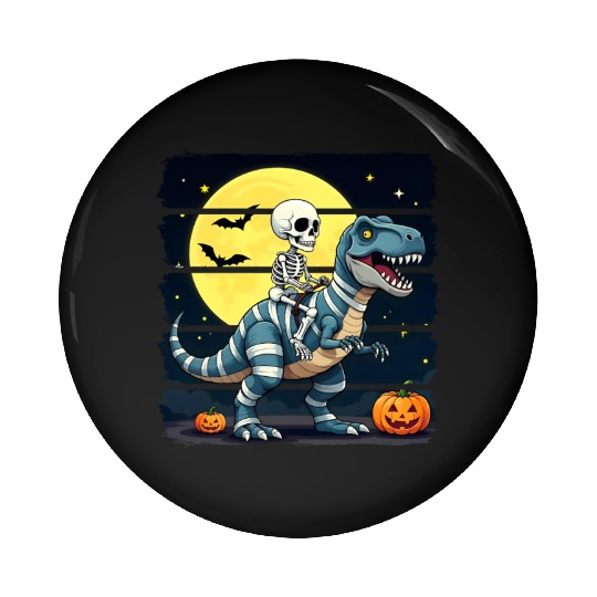 Skeleton Riding Mummy Dinosaur Funny Halloween Pin Buttons