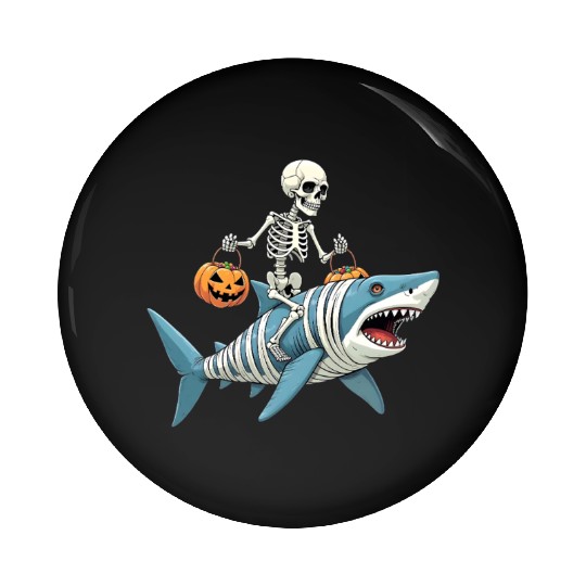 Skeleton Riding Shark Mummy Funny Halloween Pin Buttons