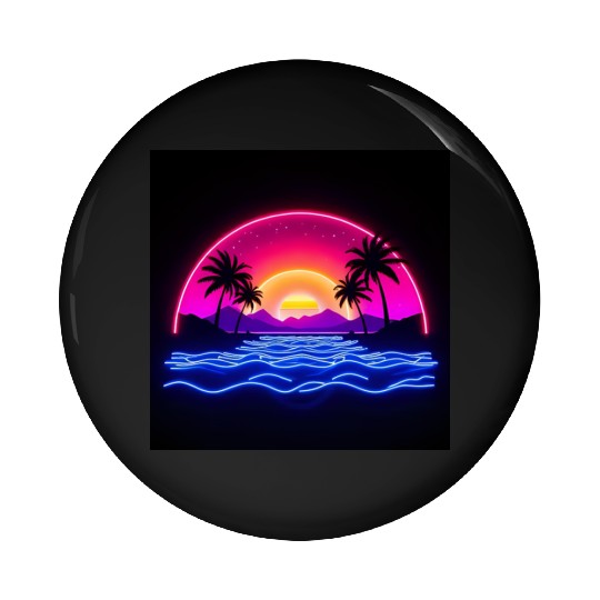 Neon Sunset Over Tropical Island Pin Buttons