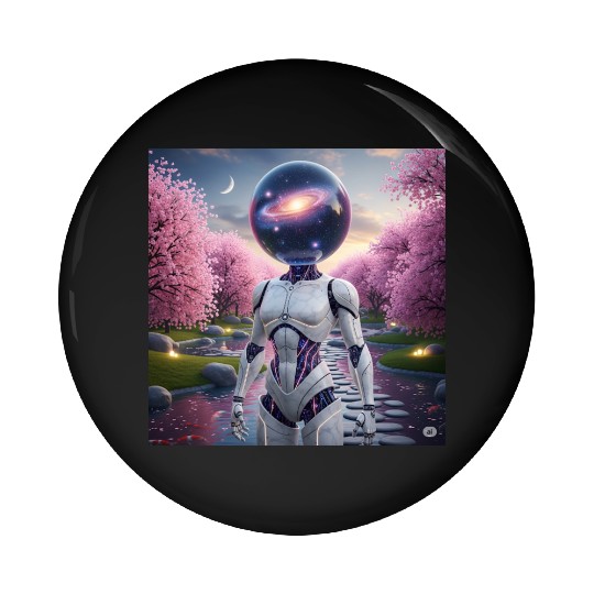 Futuristic Robot in Cherry Blossom Paradise Pin Buttons