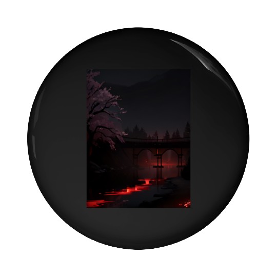 Nighttime Bridge and Cherry Blossom Scene Pin Buttons