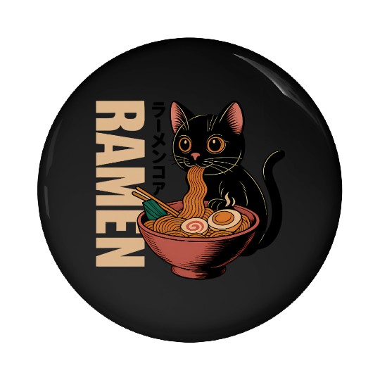 Black Cat Ramen Illustration Pin Buttons