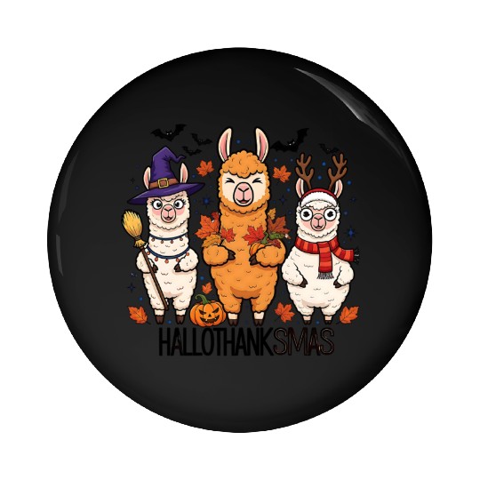 Hallothanksmas Llama Trio Halloween Xmas Pin Buttons Gift