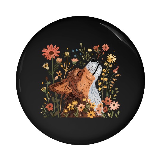 Serene Howling Wolf Amid Floral Bloom Pin Buttons
