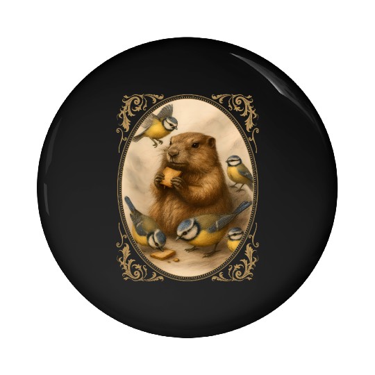 Marmot groundhog cute animal eating with birds Pin Buttons