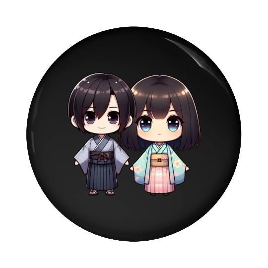 Chibi Kawaii Traditional Kimono Duo Pin Buttons