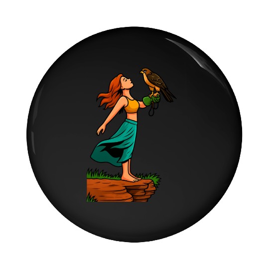 Woman with Hawk on Arm in Nature Scene Pin Buttons