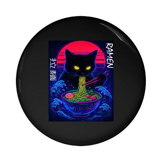 Neon Black Cat Ramen Art Pin Buttons
