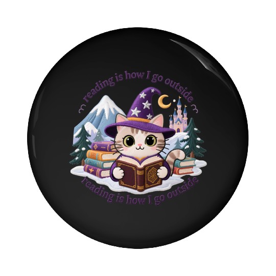 Whimsical Cat Wizard Reading Magic Book Pin Buttons
