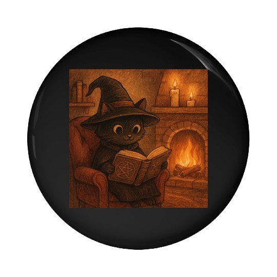 Enchanted Cat Witch by the Fireplace Pin Buttons