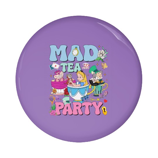Vintage Mad Tea Party Disneyland Alice in Wonderland Pin Buttons, Floral Alice Mad Hatter