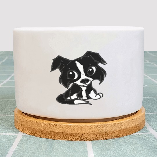 border collie bw cartoon Plant Pots