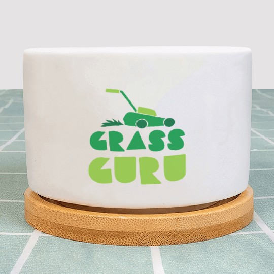 Grass guru with green lawn mower Plant Pots