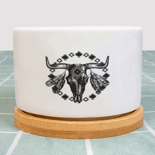 Vintage Cow Bull Skull Boho Southwestern Aztec Fea Plant Pots