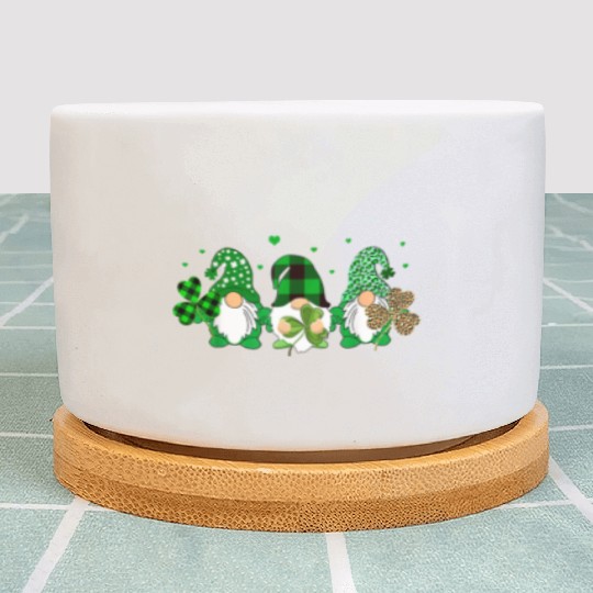 Three Gnomes Holding Shamrock Leopard Plaid Plant Pots