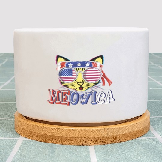 Meow Cat Kitten America American Flag 4th Of July Plant Pots
