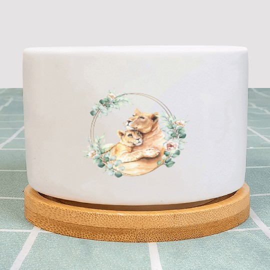 Mommy and Baby Lion in a Floral Gold Wreath Frame Plant Pots