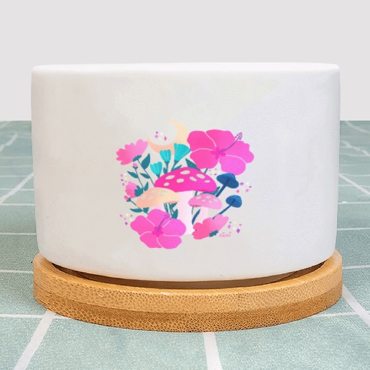 Mushrooms and Hibiscus Dreams Pink Plant Pots