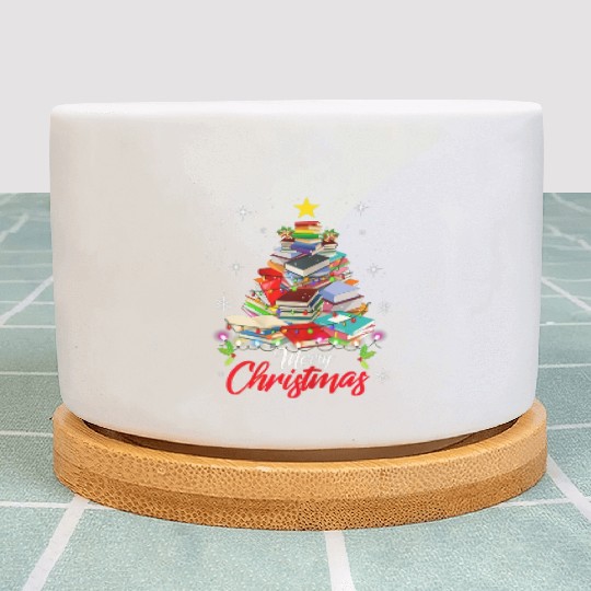 Merry Christmas Tree Love Reading Books Librarian Plant Pots