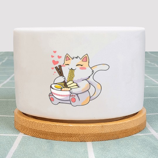 Funny Kawaii Cat Eating Ramen - Kawaii Neko Cat Plant Pots