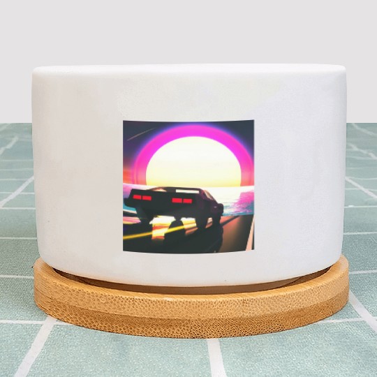 Synthwave Outrun Sports Car Driving Into A Sunset Plant Pots