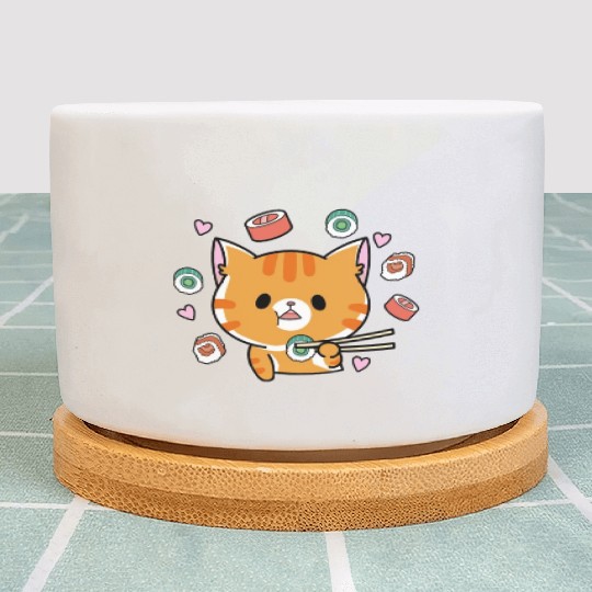 Kawaii Cat Eating Sushi Japanese Raw Food Plant Pots