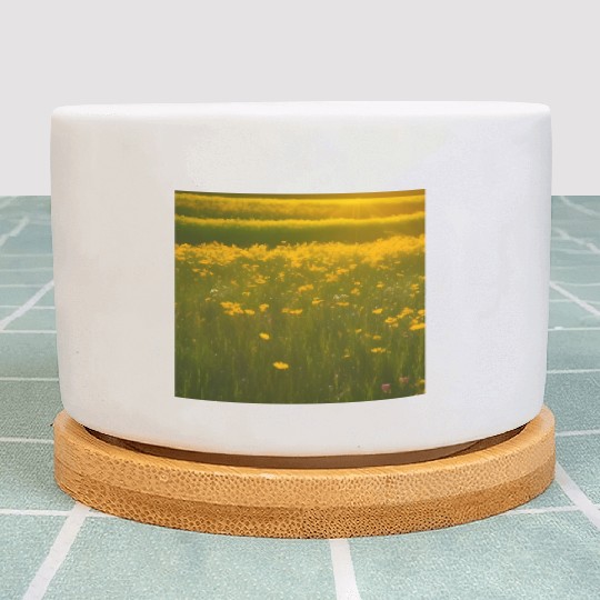 Lovely Yellow Flowers and Green Grass Plant Pots