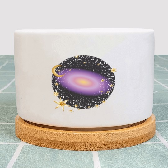 glowing violet galaxy with moon and stars Plant Pots