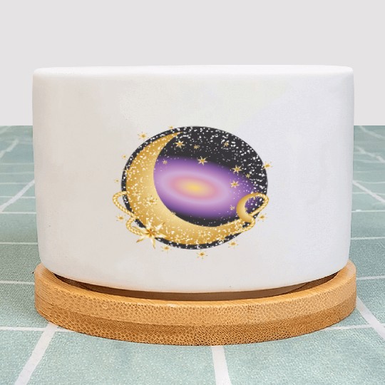 glowing violet galaxy with moon and stars Plant Pots