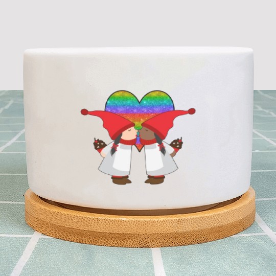 Biracial Lesbian Gnome Valentine Couple Mixed LGBT Plant Pots