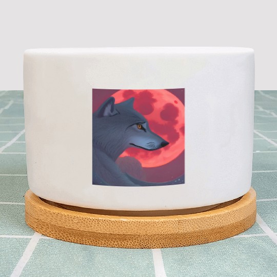 A Grey Wolf Staring at a Blood Moon Plant Pots