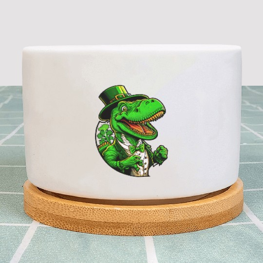 St Patricks Day T-rex Dinosaur With Top Hat Plant Pots